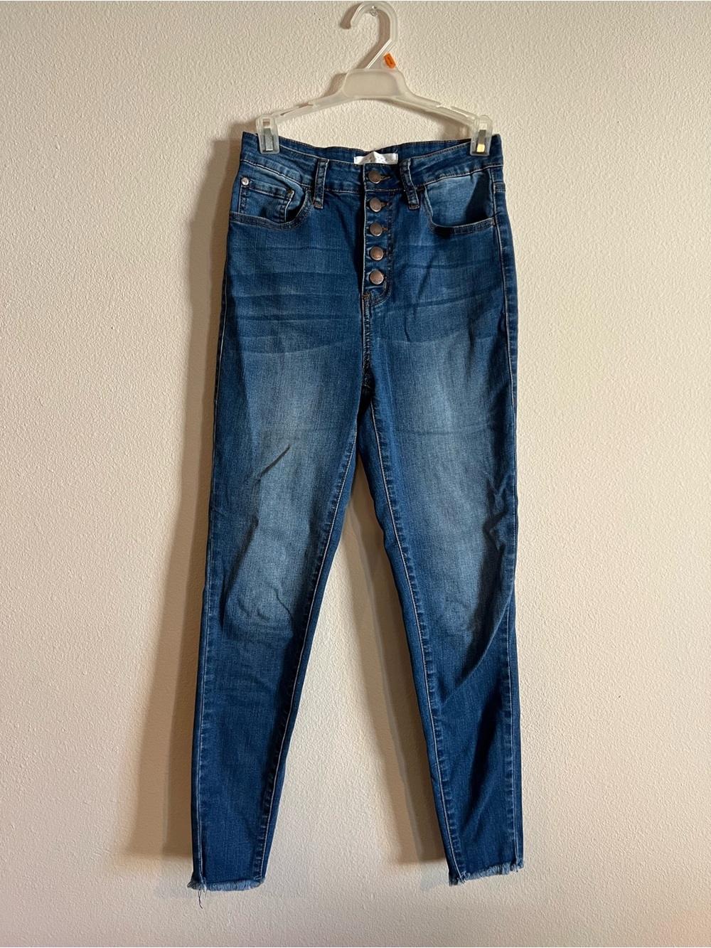 High-Rise Button-Fly Skinny Jeans in Dark Blue
